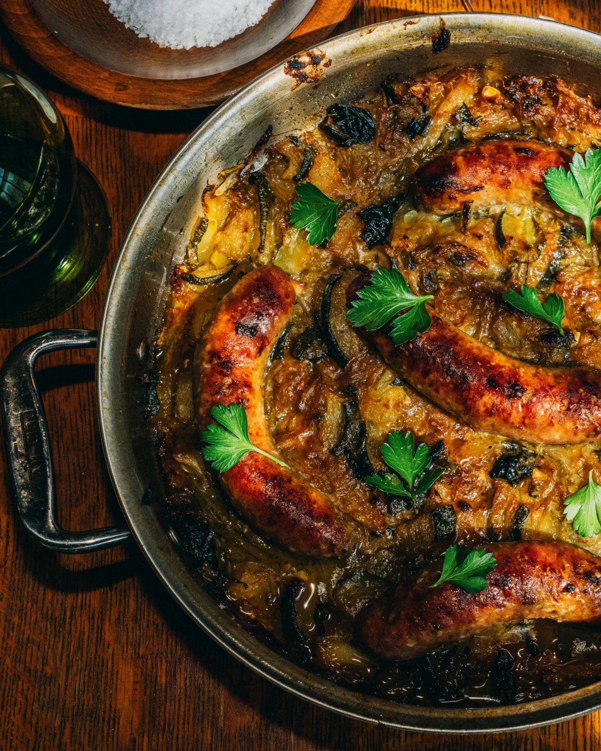 Roasted Sausages With Cider-Caramelized Onions and Zucchini